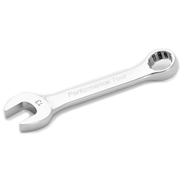 Performance Tool Stubby Chrome Combination Wrench, 13mm, with 12 Point Box End, Fully Polished, 4-1/4" Long W30613
